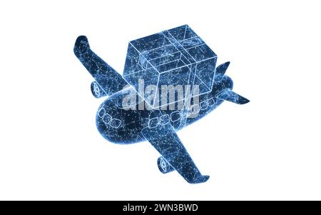 Flugzeug und Fracht mit blauer Technologie, 3D-Rendering. 3D-Abbildung. Stockfoto