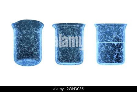 Becher und blaue leuchtende Linien, 3D-Rendering. 3D-Abbildung. Stockfoto