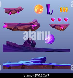 Design-Kit für Space Game-ui. Zeichentrickvektor-Illustration Set von gui Level Pfad und Plattform zum Laufen und Springen, Ikonen von magischen Neon leuchtenden Kugeln und Planeten, goldenen Münzen und Diamantkristallen. Stock Vektor