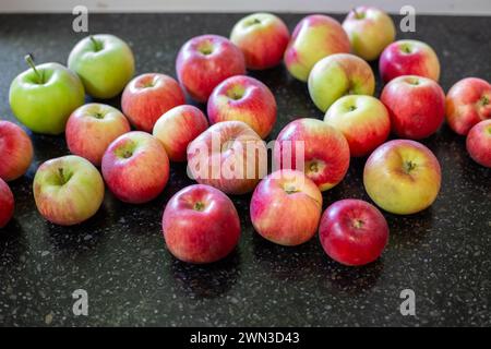 Rote und gestreifte Äpfel auf der Fensterbank. Ernte von frühen Äpfeln an einem Sommertag. Stockfoto