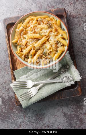 French Onion Pasta erinnert perfekt an eine französische Zwiebelsuppe mit karamelisierten Zwiebeln, mit Penne-Nahaufnahme auf der Schüssel auf dem Holzbrett. V Stockfoto