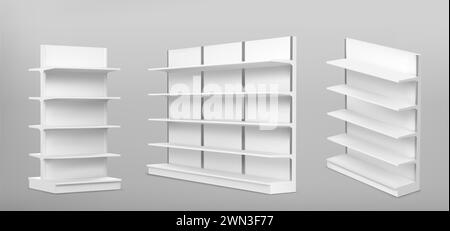 Weißes leeres Supermarktregal-Modell mit Racks zur Produktpräsentation. Realistische 3D-Vektorabbildung Set aus Bücherregal in verschiedenen Blickwinkeln. Leeres Modell der Werbeausrüstung des Stores. Stock Vektor