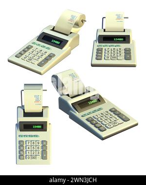 Einfacher Rechner mit Drucker auf weißem Hintergrund. Objekt an verschiedenen Positionen angezeigt. Digitale Illustration, Beschneidungspfad enthalten. Stockfoto