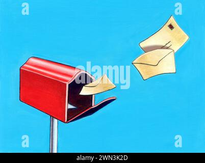 Briefe, die zu einem Briefkasten fliegen. Handgemalte Abbildung. Stockfoto