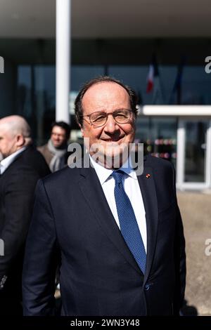 Auzeville Tolosane, Frankreich. Februar 2024. Der ehemalige französische Präsident Francois Hollande nimmt am 29. Februar 2024 in Auzeville-Tolosane bei Toulouse (INP-ENSAT) an der Ecole nationale Superieure Agronomique de Toulouse (INP-ENSAT) Teil. Thema der Sitzung war die Landwirtschaft von morgen. Foto: Alexis Jumeau/ABACAPRESS.COM Credit: Abaca Press/Alamy Live News Stockfoto