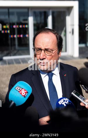 Auzeville Tolosane, Frankreich. Februar 2024. Der ehemalige französische Präsident Francois Hollande nimmt am 29. Februar 2024 in Auzeville-Tolosane bei Toulouse (INP-ENSAT) an der Ecole nationale Superieure Agronomique de Toulouse (INP-ENSAT) Teil. Thema der Sitzung war die Landwirtschaft von morgen. Foto: Alexis Jumeau/ABACAPRESS.COM Credit: Abaca Press/Alamy Live News Stockfoto