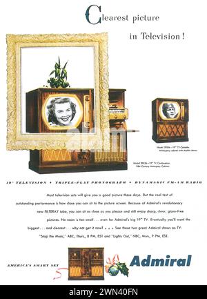 1950 Admiral tv Printwerbung. „Amerikas intelligentes Set. 19''-Fernseher - dreifach gespieltes Phonographen-Dynamagisches ukw-MW-Radio Stockfoto