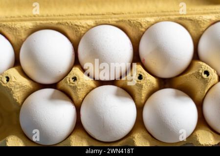 Augsburg, Bayern, Deutschland - 28. Februar 2024: Weiße Eier in einem Eierkarton. Hühnereier *** Weiße Eier in einem Eierkarton. Hühnereier Stockfoto