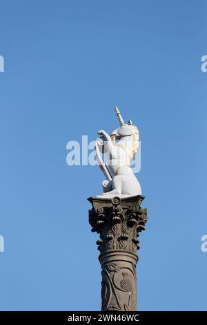 Großbritannien, Schottland, Aberdeen, Unicorn Statue am Castle Square, Teil des Mercat Cross, entworfen von John Montgomery im Jahr 1686. Stockfoto