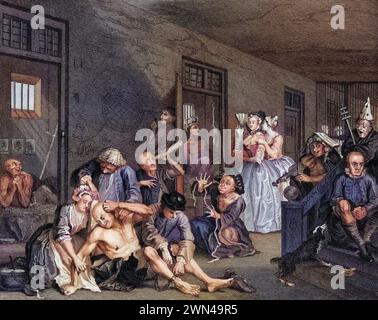 Die Fortschrittsszene der Rakes in Bedlam / The Rakes Progress Scene in Bedlam aus dem Originalbild von Hogarth aus den Werken des Hogarth-Verlags Stockfoto