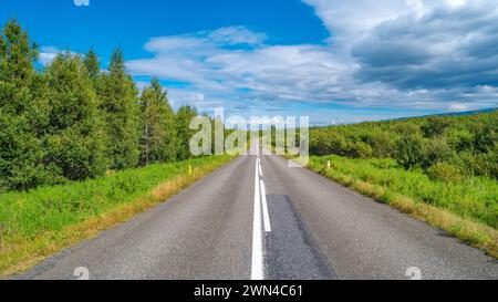 Blick über eine asphaltierte Straße, die durch grünen Wald in der Nähe des Lagarfljot Sees in Island an sonnigem Tag und blauem Himmel führt, im Sommer Stockfoto