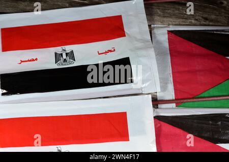 Die ägyptische und die palästinensische Flagge, Übersetzung von Arabisch (lange lebe Ägypten), Flagge von Palästina und Ägypten, die Freundschaft zwischen den arabischen Ländern CON Stockfoto