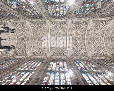 Fächer gewölbte Decke in der King's College Chapel, Cambridge University, England. Stockfoto