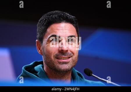 Aktenfoto vom 20.02.2024 des Managers Mikel Arteta, der weiß, dass sich seine Mannschaft mit Freitreffer auf Tordifferenzen verlassen könnte, wenn sie in dieser Saison die Premier League gewinnen wollen. Ausgabedatum: Mittwoch, 29. Februar 2024. Stockfoto