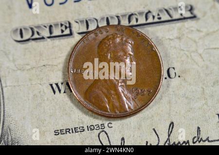 1 US-amerikanische Cent-Münzserie 1957, Vorderseite zeigt Abraham Lincoln, den 16. Präsidenten der Vereinigten Staaten von Amerika, der die Union bewahrte Stockfoto