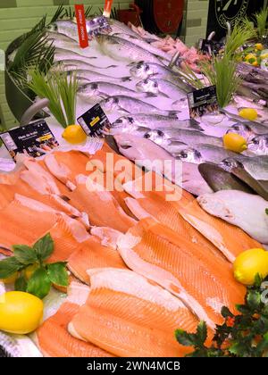 FRANKREICH, BORDEAUX, 9. Februar 2024: Auswahl an frischem Fisch täglich auf dem Eismarkt im Supermarkt Stockfoto