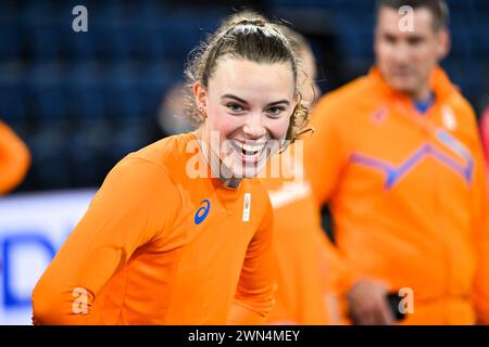 Glasgow, Großbritannien. Februar 2024. GLASGOW, VEREINIGTES KÖNIGREICH - 29. FEBRUAR: Sofie Dokter aus den Niederlanden bei Vorschauen vor der Leichtathletik-Hallenweltmeisterschaft Glasgow 2024 in der Emirates Arena am 29. Februar 2024 in Glasgow, Vereinigtes Königreich. (Foto von Andy Astfalck/BSR Agency) Credit: BSR Agency/Alamy Live News Stockfoto