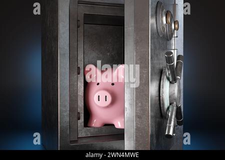 Rosafarbene Schweinebank in silbernem Metallgewölbe Safe mit Griffrad auf dunklem Hintergrund. Konzept des Schutzes von Sparkonten und finanzieller Sicherheit Stockfoto