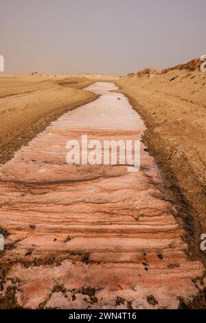 In einer langen, dünnen Salzpfanne in salinas de santa maria in sal kap verde rosa Farbtöne in Salzschichten Stockfoto