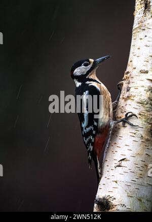 Männlicher Großspecht im Regen Stockfoto