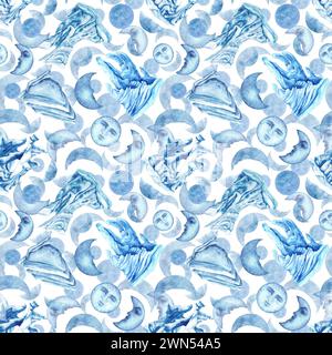 Nahtlose Aquarellmuster mit blauen Eisbergen und magischen Monden als Vorlage, Clipart für Winterferien, Earth Day, Marine und Ocean Life, für Schrott Stockfoto