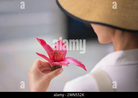 Eine charmante, nicht wiedererkennbare Frau mit großem Hut von hinten hält eine bauhinia Stockfoto