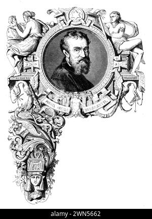 Das Hauptkapitel widmet sich Kunst und Architektur mit dem Porträt von Michelangelo Buonarroti. Das Porträt sollte Michelangelo als Mann in seinen Reifen Jahren darstellen und die Tiefe seiner Erfahrung und die Breite seiner künstlerischen Errungenschaften verkörpern. Sein Ausdruck ist nachdenklich, mit einem Blick, der über die Leinwand hinausschaut und die intellektuelle und emotionale Intensität widerspiegelt, die seinen kreativen Prozess vorangetrieben hat. Der Hintergrund könnte subtil Elemente enthalten, die auf seine Meisterwerke anspielen, zum Beispiel eine schwache Umrisse der Decke der Sixtinischen Kapelle oder die Silhouette der David-Statue, die Hi platziert Stockfoto