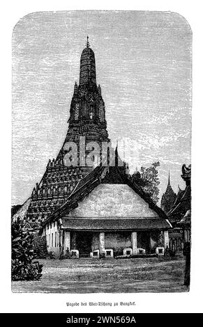 Wat Arun, der Tempel der Morgenröte, liegt majestätisch am Ufer des Chao Phraya Flusses in Bangkok, Thailand. Seine Türme ragen in den Himmel und leuchten mit dem ersten Licht der Dämmerung. Dieser buddhistische Tempel, benannt nach Aruna, dem hinduistischen Gott der Morgendämmerung, ist bekannt für seinen hohen Prang (Turm im Khmer-Stil), der mit lebendigem Porzellan und farbigem Glas verziert ist und ein schillerndes Spektakel schafft, während er die Morgensonne fängt. Das Design des Tempels ist eine einzigartige Mischung aus architektonischen Stilen, die Jahrhunderte religiöser Bedeutung und künstlerischer Leistung verkörpern. Besucher, die die steilen Stufen des zentralen pra erklimmen Stockfoto