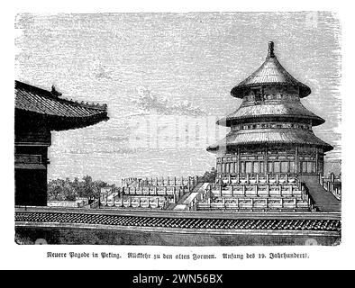 Der Tempel des Himmels, der sich im Südosten von Peking befindet, ist ein weitläufiger Komplex religiöser Gebäude, die die Beziehung zwischen Himmel und Erde symbolisieren und für das spirituelle und politische Leben der Ming- und Qing-Dynastien von zentraler Bedeutung sind. Im frühen 15. Jahrhundert erbaut, führten die Kaiser, die als die Söhne des Himmels angesehen wurden, aufwändige Rituale und Opfer durch, um eine reiche Ernte und den Wohlstand des Reiches zu gewährleisten. Die Architektur ist ein Meisterwerk symbolischer Präzision, mit dem runden Gebetssaal für gute Ernten, der ohne einen einzigen Nagel gebaut wurde. Stockfoto