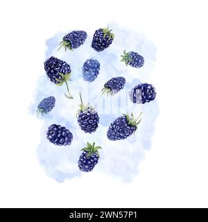 Saftig reife brombeere mit Spritzern Beerensaft. Botanische Illustration des Sommers mit Aquarell. Fliegende Taubeeren auf blauer Textur. Für Menü, Cocktailparty Stockfoto