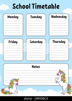 Schulplan mit magischem Einhorn. Für die Erziehung von Kindern. Isoliert auf weißem Hintergrund. Mit einer niedlichen Zeichentrickfigur. Stock Vektor