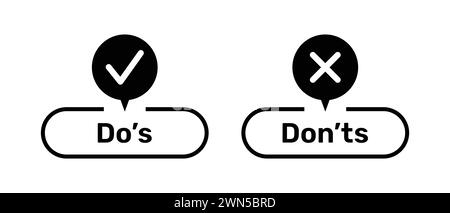 Richtige und falsche Symbole mit Do- und Don-TS-Knöpfen in schwarzer Farbe. Tasten mit den richtigen und falschen Symbolen. Markierungssymbol mit Häkchen Stock Vektor