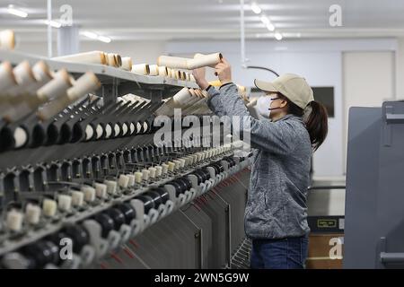 Futaba, Fukushima, Japan. Februar 2024. Ein Arbeiter überprüft eine Gewindeverdrehmaschine in der Futaba Super Zero Mill von Asanonenshi Co., Ltd Das Kernkraftwerk Fukushima Daiichi erlebte eine nukleare Katastrophe, die zur Evakuierung tausender Einwohner führte, nachdem das große Erdbeben in Ostjapan und der anschließende Tsunami die Präfekturen Miyagi, Iwate und Fukushima verwüstet hatten. Ein Jahrzehnt nach der Aufhebung des Evakuierungsbefehls des Bezirks Miyakoji in Tamura City war das erste Gebiet, in dem Beschränkungen aus einem Radius von 20 Kilometern des Kernkraftwerks von TEPCO in Fukushima aufgehoben wurden Stockfoto