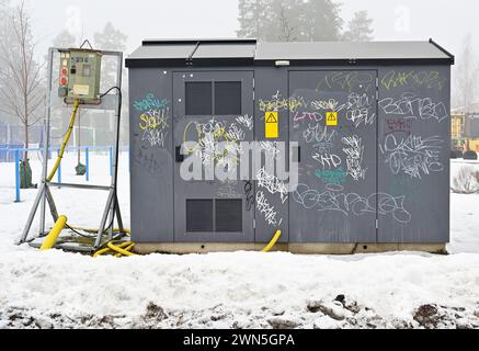 Ein Stromversorgungskasten ist mit verschiedenen Graffiti-Tags bedeckt und steht in einer schneebedeckten Landschaft mit Nebel im Hintergrund Stockfoto