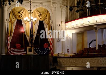 Ein geschlossener Blick auf Abraham Lincolns Präsidentenbox im Ford's Theatre, wo Präsident Abraham Lincoln am 14. April 1865 ermordet wurde Stockfoto