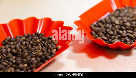 Geröstete arabica-Kaffeekörner befinden sich in roten Kunststoffschalen, Nahaufnahme mit selektivem Weichfokus Stockfoto