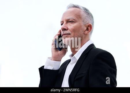 Selbstbewusster, gutaussehender Finanzkaufmann mit grauem Haar, der mit einem Kunden telefoniert. Stockfoto