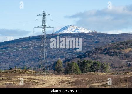 Optische Auswirkungen von Strommasten und Kabeln in der Nähe von Loch Katrine, aus Sicht des Great Trossachs Path, Loch Lomond und des Trossachs National Park Stockfoto