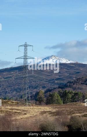 Visuelle Auswirkungen von Strommasten und Kabeln auf Ben Venue, aus Sicht des Great Trossachs Path, Loch Lomond und des Trossachs National Park Stockfoto