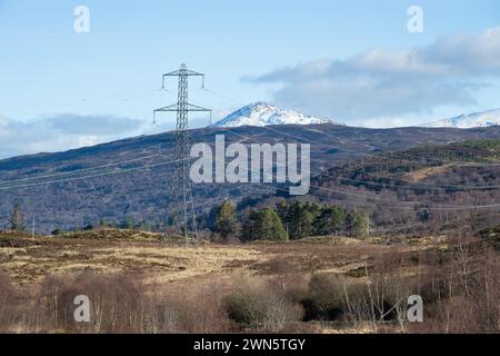 Pylonen und Stromkabel verderben den Blick auf Ben Venue vom Great Trossachs Path, Loch Lomond und dem Trossachs National Park, Schottland, Großbritannien Stockfoto