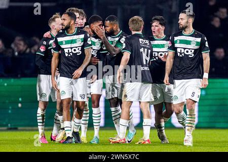 Rotterdam, Niederlande. Februar 2024. ROTTERDAM, NIEDERLANDE - 29. FEBRUAR: Laros Duarte vom FC Groningen feiert nach dem ersten Tor seines Teams Daleho Irandust vom FC Groningen, Thom van Bergen vom FC Groningen, Marco Rente vom FC Groningen, Marvin Peersman vom FC Groningen, Romano Postema vom FC Groningen beim TOTO KNVB Cup Halbfinalspiel zwischen Feyenoord und FC Groningen im Stadion Feyenoord am 29. Februar 2024 in Rotterdam, Niederlande. (Foto von Joris Verwijst/Orange Pictures) Credit: Orange Pics BV/Alamy Live News Stockfoto