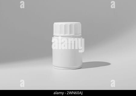 Weißes medizinisches Gefäß für Pillen, Kapseln, Vitamine und Medikamente. Stockfoto