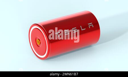 Roter Lithium-Ionen-Akku 4680 Tesla mit Logo, ein Hochleistungsakkumulator, Tischzelle, Energiespeicher, Produktion von Elektrofahrzeugen, High-Tech-Automo Stockfoto