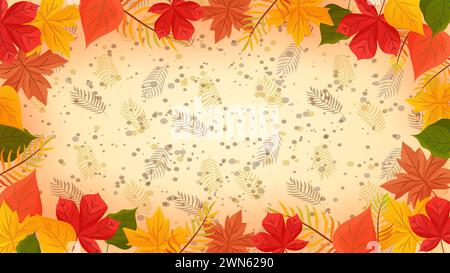 Farbenfroher Herbst-Hintergrund, herbstlicher Hintergrund. Hintergrund des Werbebanner für die Herbstsaison. Farbenfrohe Ahorn- und Eichenblattkante in hellem strukturiertem Hintergrund für einen Stockfoto