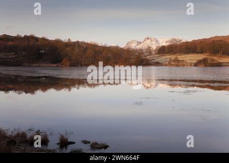 Die Langdale Pikes aus loughrigg Tarn, Cumbria, Großbritannien Stockfoto