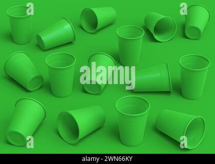 Set aus Kunststoff Einweg-Partybecher isoliert auf monochromem grünem Hintergrund. 3D-Rendering von Take Away Glas für Saft, frisch, Bier Stockfoto