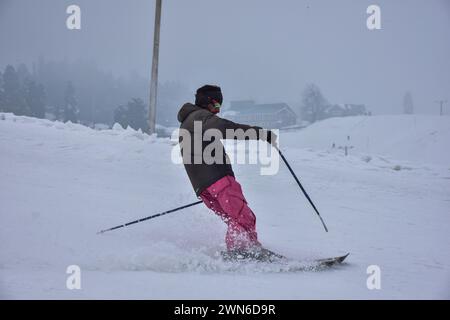 Gulmarg, Kaschmir, Indien. Februar 2024. Im Skigebiet Gulmarg, etwa 55 km von Srinagar, der Sommerhauptstadt von Jammu und Kaschmir, ist ein Skifahrer in Aktion. (Credit Image: © Saqib Majeed/SOPA Images via ZUMA Press Wire) NUR REDAKTIONELLE VERWENDUNG! Nicht für kommerzielle ZWECKE! Stockfoto