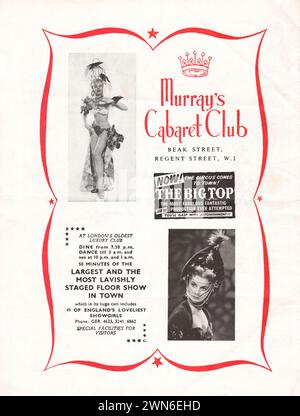 Werbung für Murray's Cabaret Club of Beak Street, London auf der Rückseite des Whitehall Theatre Programms am 19. März 1958. Stockfoto