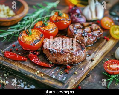 Saftige Dicke saftige Portionen gegrilltes Filet Steak mit Tomaten und gebratenem Gemüse auf einem alten Holzbrett serviert Stockfoto