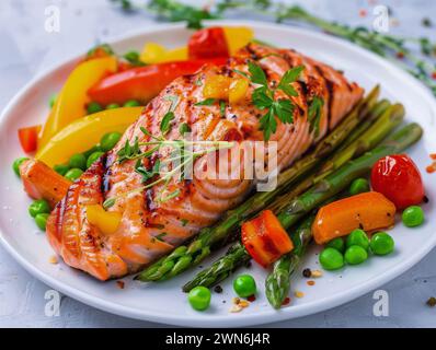 Gegrillter Lachs mit Spargel, Erbsen, Paprika, Karotten und Frühlingszwiebeln auf weißem Teller Stockfoto